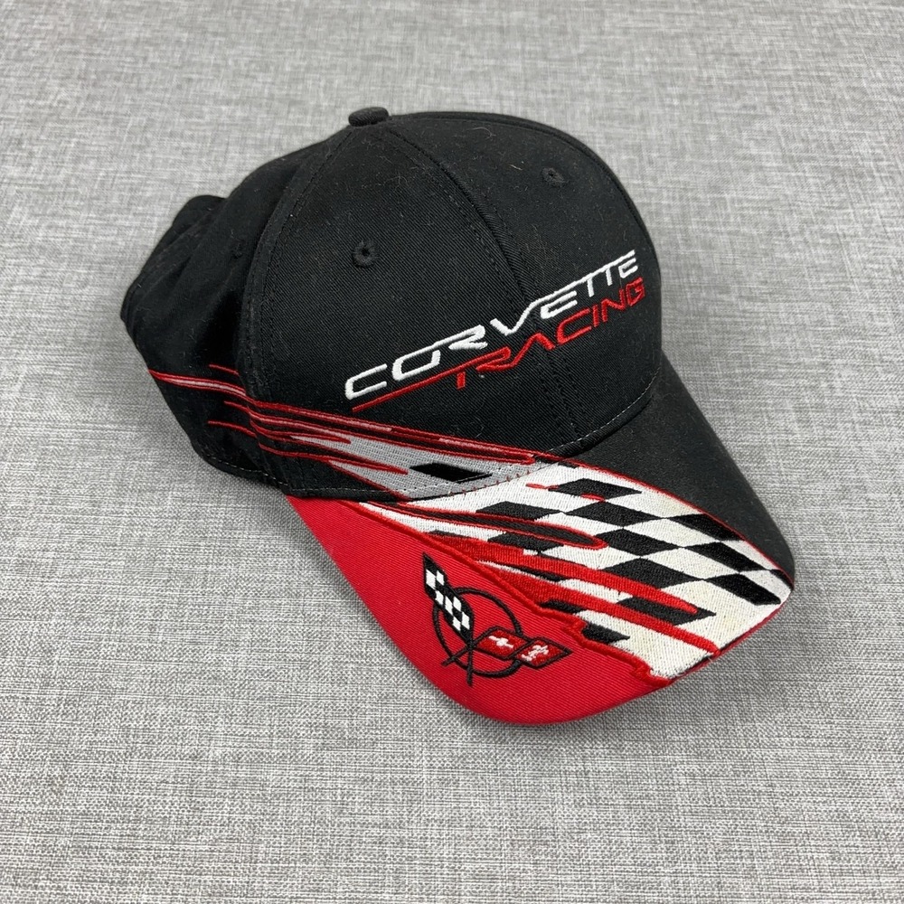 Corvette Racing Hat Cap Strap Back Mens One Size Black Red Checkered Flag